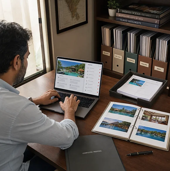 The founder drafting a proposal from resort brochures and country binders