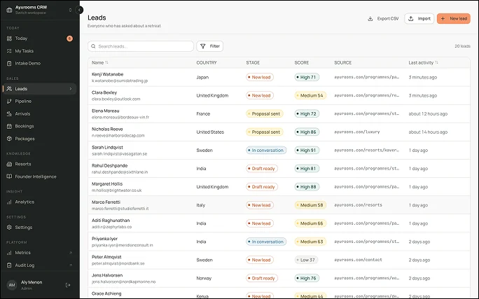 The Leads list, with every inquiry captured, scored and source-tagged