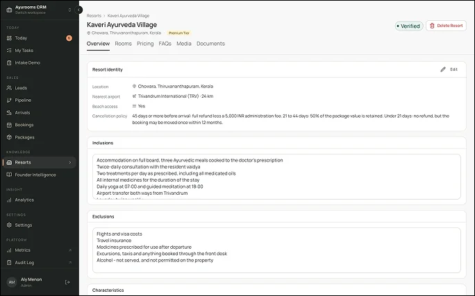 A resort profile in the knowledge base, showing inclusions and exclusions