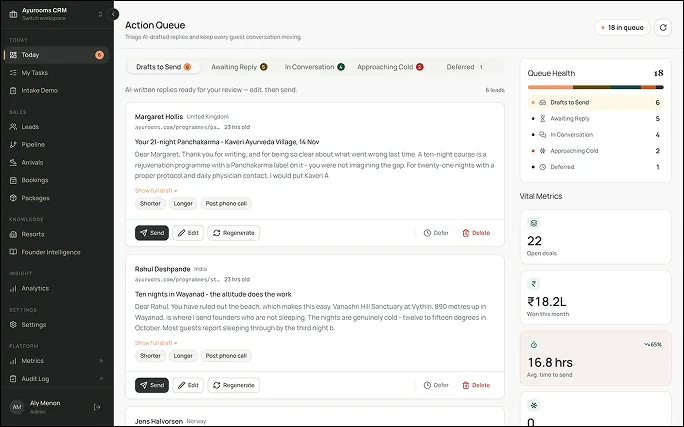 The Action Queue, with AI-drafted replies ready to review, edit and send