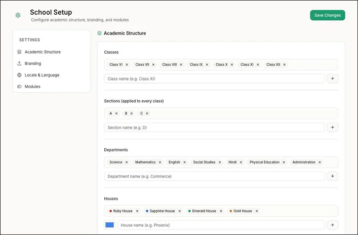 School setup, configuring classes, sections, departments and houses