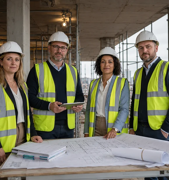 The Five Thirds team on a construction site, with drawings on the table