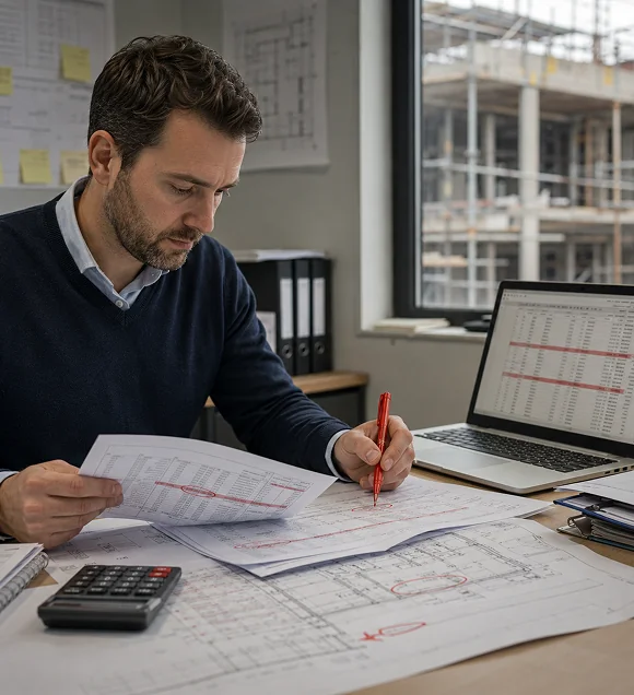 A surveyor marking up printed cost schedules and drawings by hand