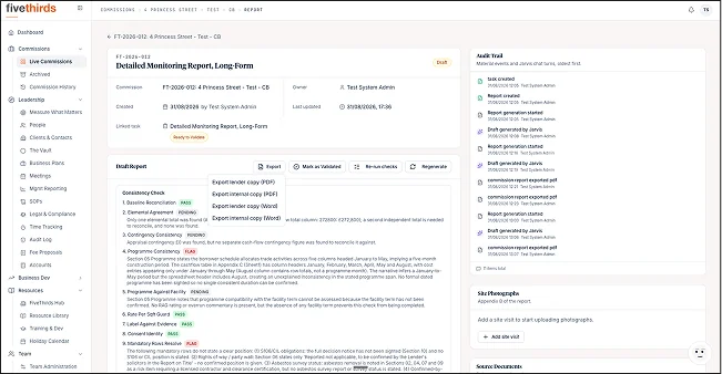 A long-form monitoring report, with lender and internal copies exported separately
