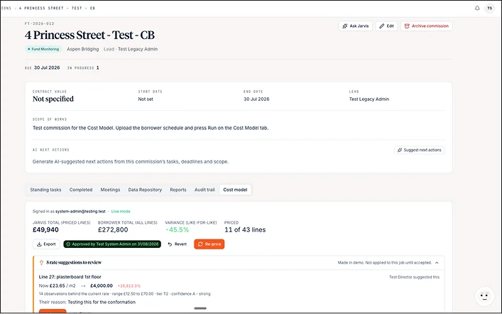 The cost model, showing the variance against the borrower total and rate suggestions to review