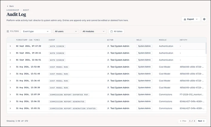 The append-only audit log, listing each event with its actor, role and module