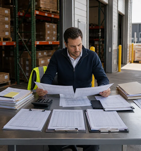 An operator working through paper records at a warehouse desk