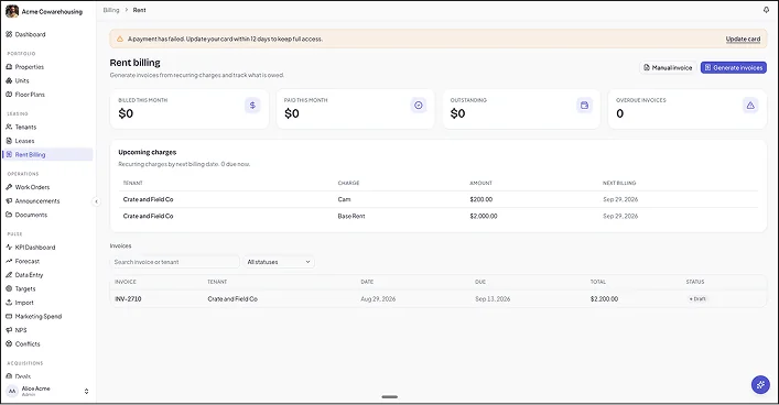 The rent billing screen, with upcoming recurring charges and generated invoices