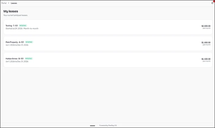 The tenant portal, listing a tenant's active leases and monthly rent