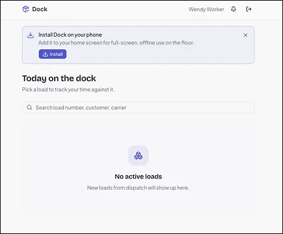 The Dock app, installable to a phone home screen for offline use on the floor