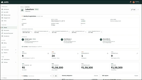 A client profile, with identity, registrations, statutory identifiers and contacts