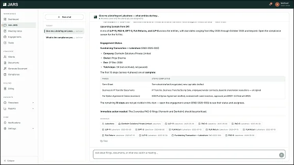 An AI briefing on a client, listing engagement status and completed steps