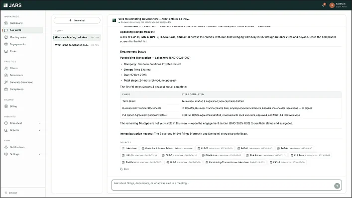 Asking JARS about filings and documents, answered from the firm data