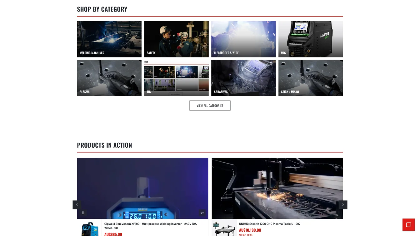 Electroweld storefront — Shop by Category tiles and Products in Action carousel