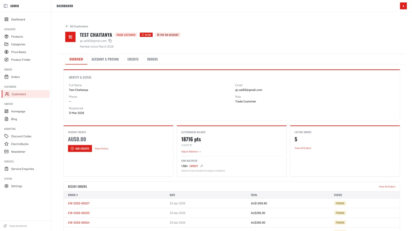 Electroweld trade customer profile — ElectroBucks balance, account credits, pay-on-account, recent orders