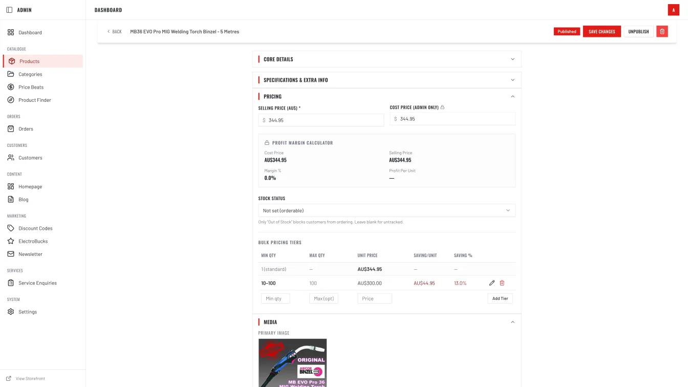 Electroweld product edit — selling price, cost price, profit margin calculator, bulk pricing tiers