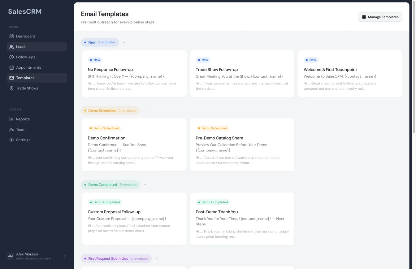 SalesCRM Email Templates — stage-grouped templates for new, demo scheduled, demo completed, first request